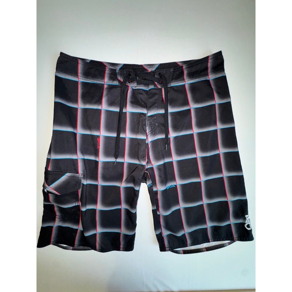 Rip‎ Curl Stoker 22 Boardshort Mens 36/XL Black Plaid Surf Swim Trunks Beach EUC